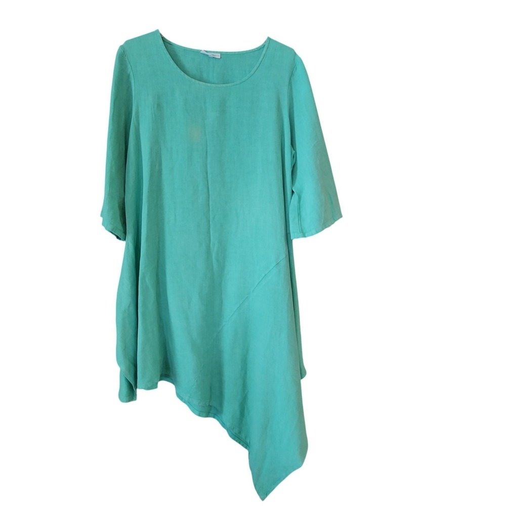 Bryn Walker Naida Tunic Dress Linen‎ Asymmetric Lagenlook XL Turquoise FLAW